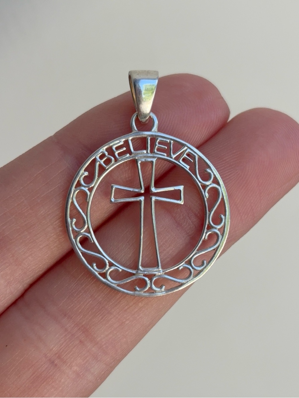 Sterling Silver Believe Cross Round Filigree Disc Charm / Pendant